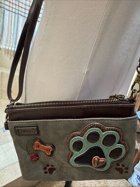 Chala Gray, Brown & Green Crossbody Bag with Paw Appliqué